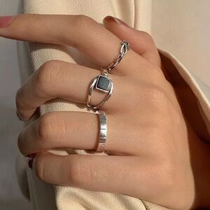 💎NEW 925 Sterling Silver Black / Silver Band Rings Adjustable